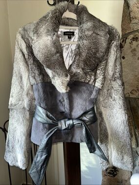 bebe Gray real rabbit Fur and met leather Belted coat